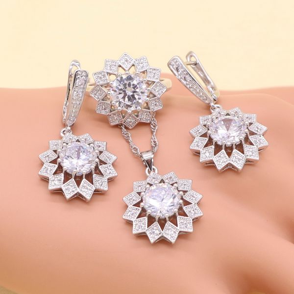 

925 jewelry sets flower white cubic zirconia silver color for women stud earring bracelet ring necklace pendant gift box