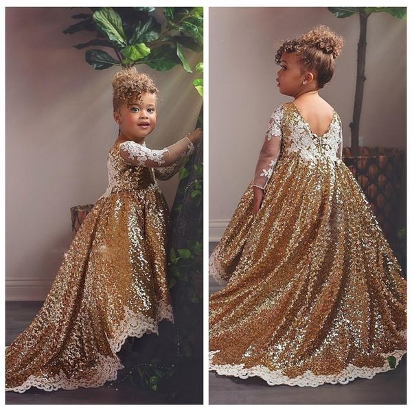 

o-neck long sleeves gold a-line flower girls dresses lace appliques bling bling cute kids formal party gowns 2021 modest long robe, White;blue