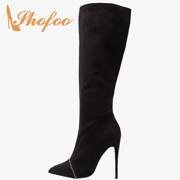 

female winter booties shoes black rivets mid calf plush stilettos boots woman super high thin heels large size 32 35 38 fashion