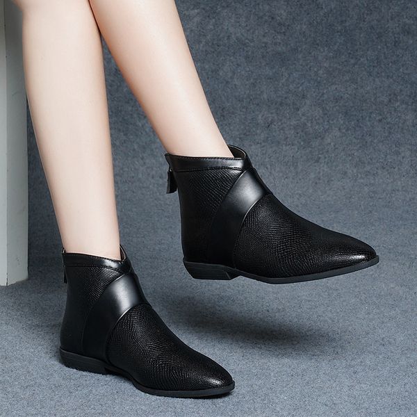 

zipper lace up boots flat platform winter shoes for women booties ladies low heels booties round toe boots-women clogs, Black