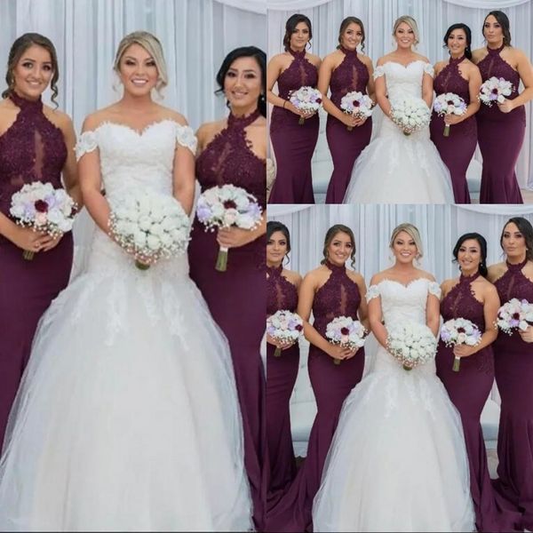

2020 new african grape mermaid keyhole bridesmaid dresses halter lace appliques beaded illusion plus size maid of honor party gowns, White;pink