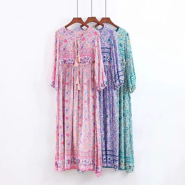 

женщины boho платье лето 2019 осень новый цветочный принт кистями платья с длинными рукавами богемный женский пляж винтаж платье n19.6-2017, Black;gray