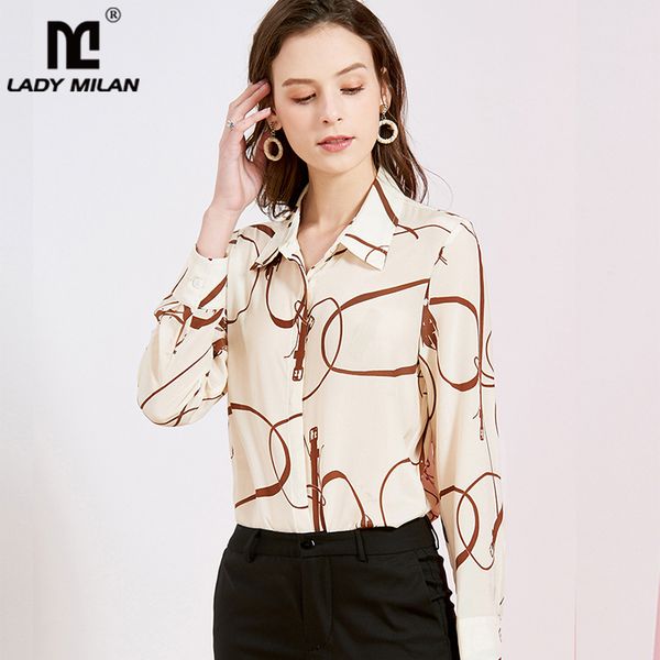 

100% чистый шелк женские рубашки взлетно-посадочной полосы отложным воротником с длинными рукавами печатных мода повседневная блузка рубашка, White