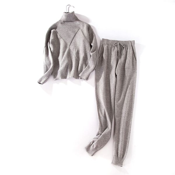 

2pcs women sporting turtleneck knit pant winter knitted suit tracksuit autumn sweater slim fit casual long sleeve sweatshirts, White