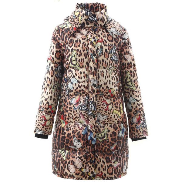 

designer winter customed leopard print long sleeve white duck coat women thick warm elegant outwear overcoat new, Black