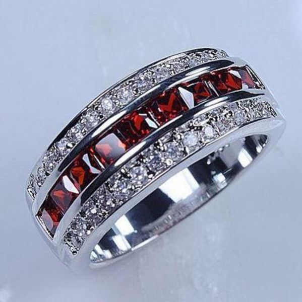 

victoria wieck luxury jewelry 10kt white gold filled red garnet simulated diamond wedding princess bridal rings for men gift size 8/9/10/11, Silver