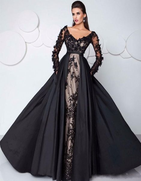 

deep v neck evening dresses long sleeve lace applique 2020 prom dress with pockets special occasion party gowns, Black;red