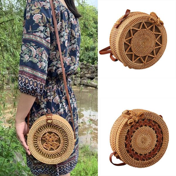 

circle handwoven bali round retro rattan straw beach bag cross body barrel-shaped fashion design 2019#35