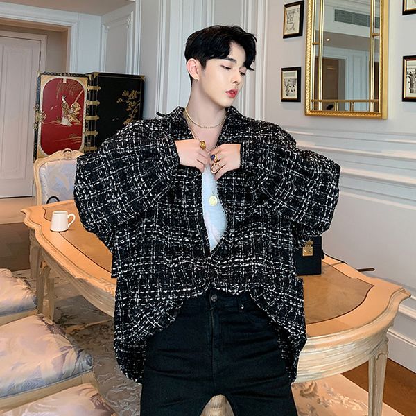 

мужчины vintage bat длинным рукавом негабаритные сыпучие повседневная рубашка стиль пальто мужской женщины streetwear hip hop плед куртка ве, White;black