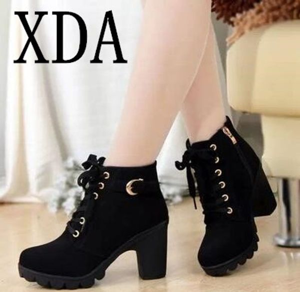 

xda 2018 size 35-41 new women boots women winter boots solid lace-up pu fashion shoes woman ankle boot, Black