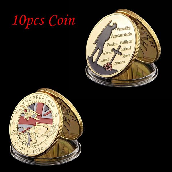 

10pcs/lot 1914-1918 Gold Plated Souvenir Coin The Great War 100th Anniversary Commemorative Challenge Coins