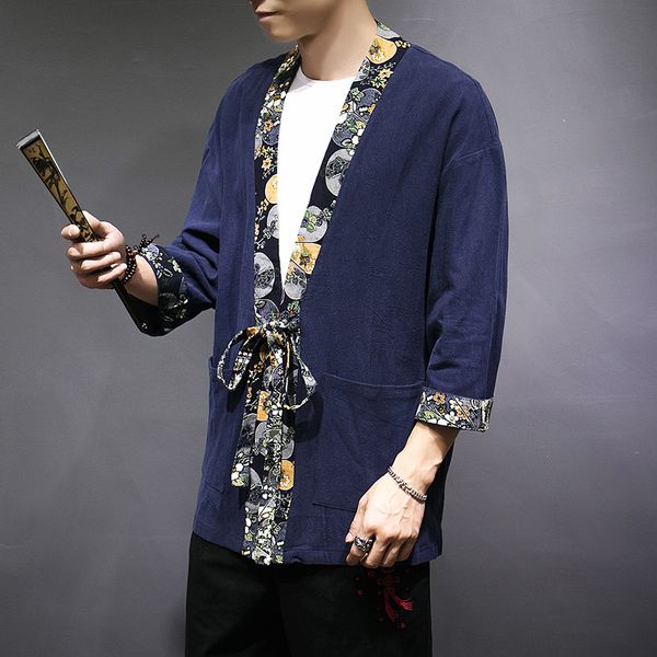 

# 4340 весна хлопок льняная рубашка пальто урожай китайский открытый стежка кимоно куртка мужчины ретро свободное пальто кимоно верхняя одеж, Black;brown