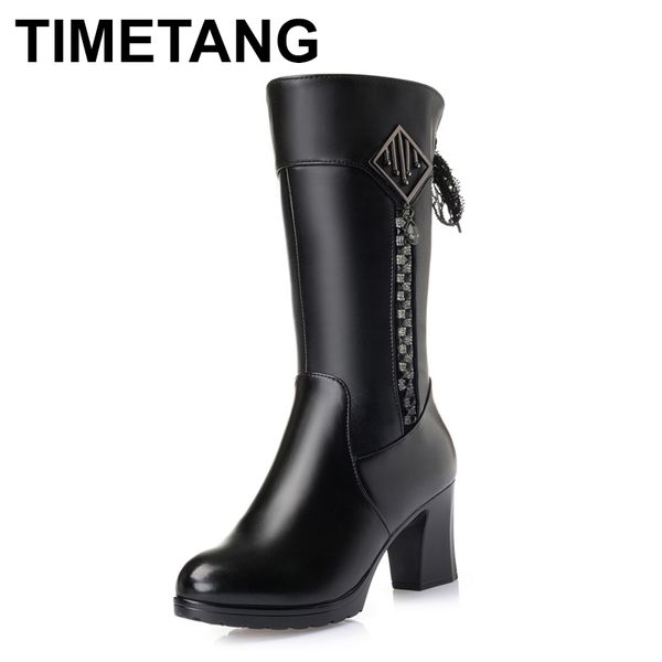 

timetang women black wool high boots. genuine leather long boots. winter ladies fashion warm chunky heel work boots . snow shoe