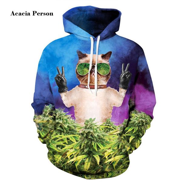 

sell men/women hoodies hooded sweatshirt men funny print meow glasses cat leaves cap hoodies hoody tracksuits, Black