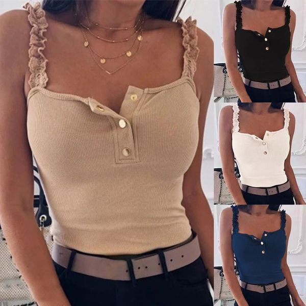 

women's fashion summer cotton square neck lace bandage shirt solid color sleeveless slim top, White