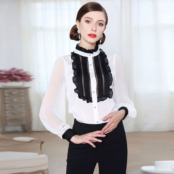 

женская дизайнерская рубашка основной толчок суд стиль рубашки женский сезон контрастная строчка листьев лотоса воротник тонкий jumpsuitv7fe, White