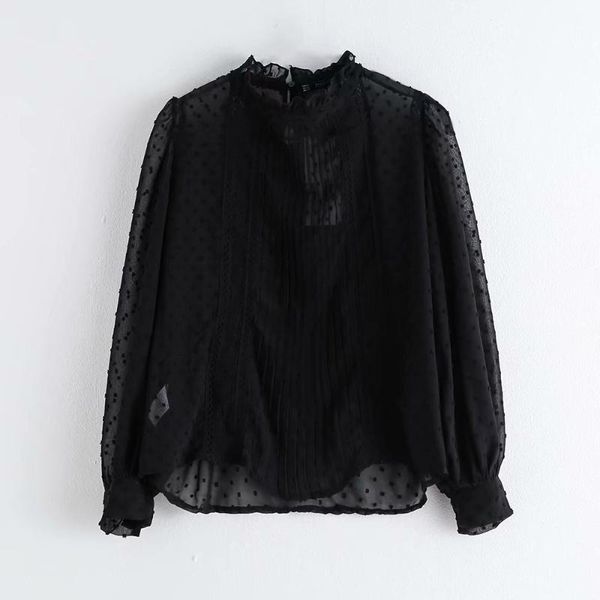 

women long sleeve stand collar agaric lace chiffon dots shirt office lady lace pleats blouses chic autumn femininas ls4293, White