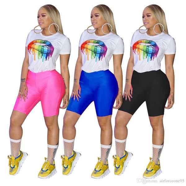 

female sports clothing sets summer women s designer tracksuits colorful lip printed tshirts skinny shorts 2pcs clothing sets, White