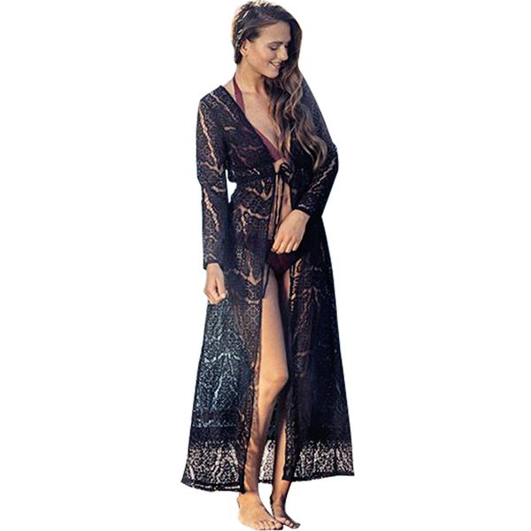 

summer women boho long crochet lace cardigan solid color long sleeve beach kimono tie waist front open bikini cover up beachwear, White