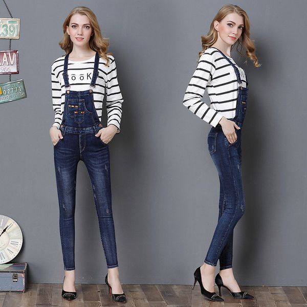 

2019 spring new womens strap jeans pencil pants patchwork pockets ripped washed bleached trousers sling suspenders pants d10, Blue