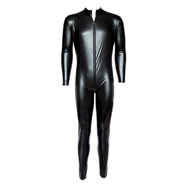 

men's front zipper metallic wet look shiny lycra second skin spandex full body catsuit bodysuit zentai suit fetish costume, Black