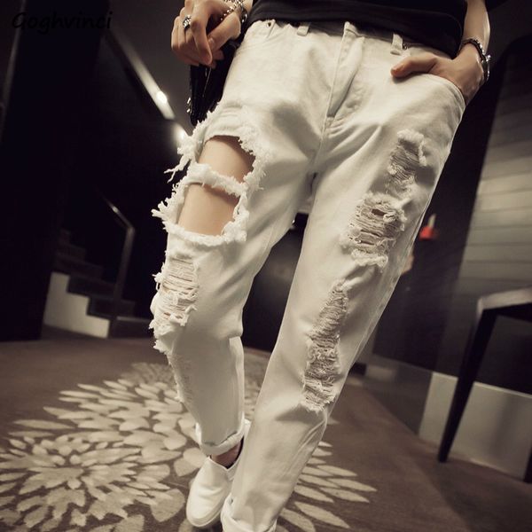 

trousers women white korean style bf hole high waist jeans womens pockets full length zipper simple all match loose females chic, Blue