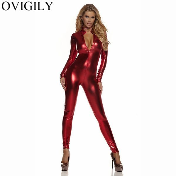 

ovigily women full body unitard black catsuit bodysuit long sleeve lycra red front zip metallic unitard turtleneck jumpsuit gold, Black;red