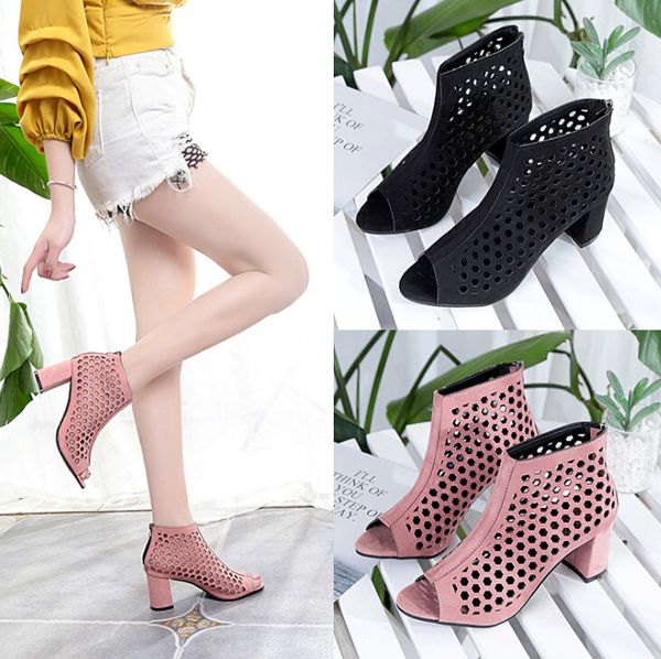 

summer new women's shoes thick with korean fashion cool boots fish mouth hollow breathable women's sandals wild solid color high h, Black