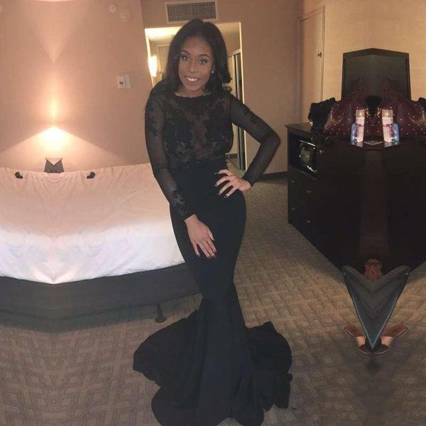 

2020 eleagnt black mermaid evening dresses lace appliqued sheer jewel long sleeves prom dress sweep train long formal party gowns customize, Black;red