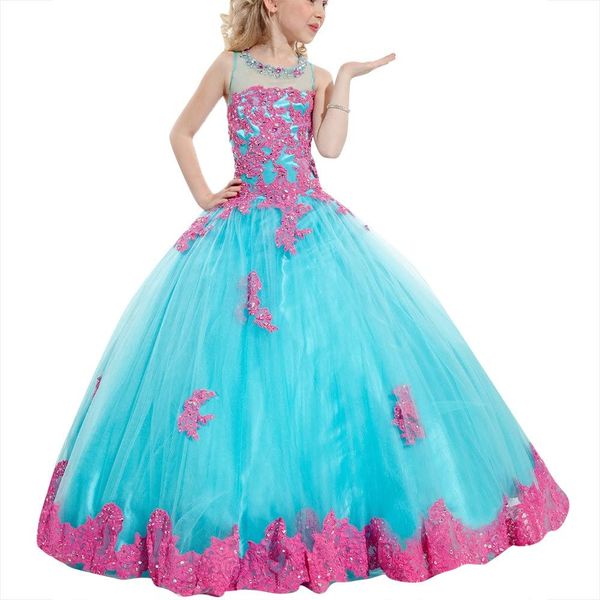 

Tulle Little Girls Pageant Dresses Lace Applique Puffy Kids Ball Gown Prom Dresses Floor Length Flower Girl Dresses Children Party Gown
