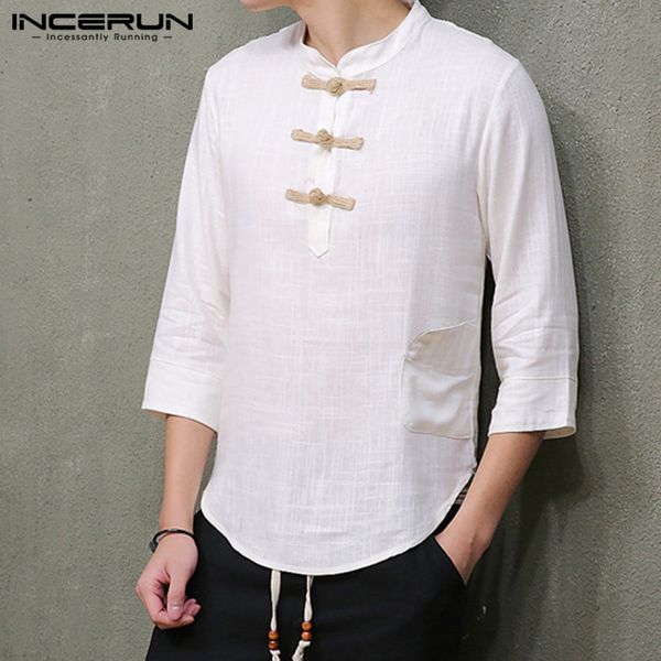 

incerun traditional chinese style men solid color 3/4 sleeve shirt retro street comfort joker buckle men casual cotton blouse, White;black