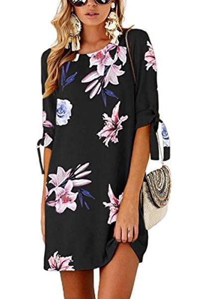 

vnook women's dresses summer floral print bohemian roll up sleeve casual shirt dress, Black;gray