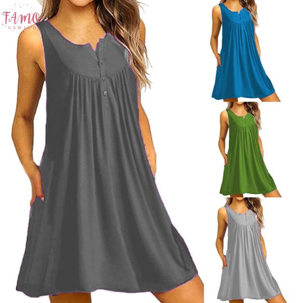 

new 2020 comfortable womens plain summer v neck short sleeve casual solid pockets t shirt cap sleeve dress vestidos sukienki 19515, Black;gray