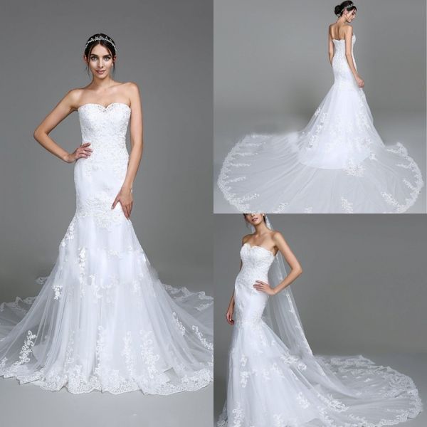

2020 mermaid wedding dresses strapless beads sequins appliques lace bridal gowns court train vestidos de novia, White