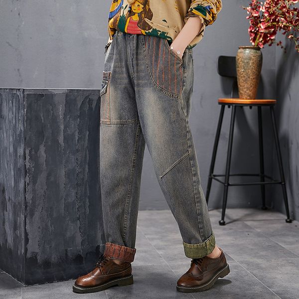 

loose elastic waist womens jeans denim full length rolled up cuff pockets patchwork jeans boyfriend for women new spring 2020, Blue