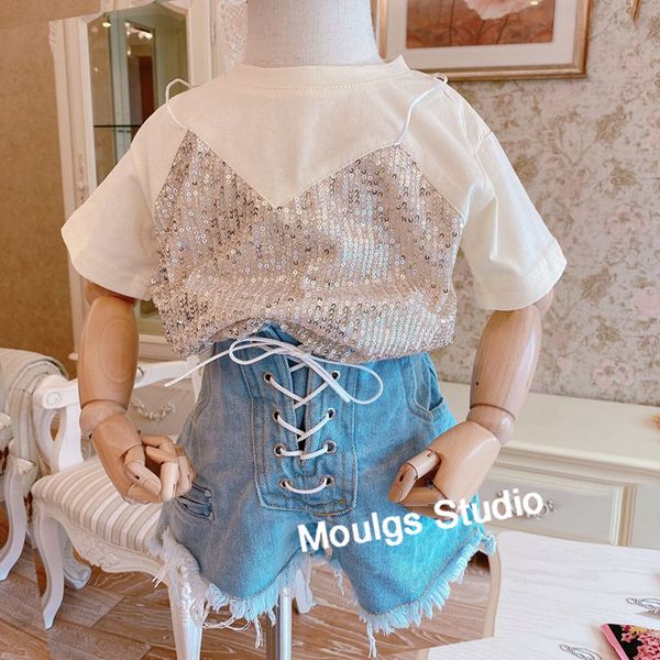 

summer girls t shirt baby tee kids children streetwear clothes fashion blingbling sequin strap patch fake two 2 to 8 yrs, Blue