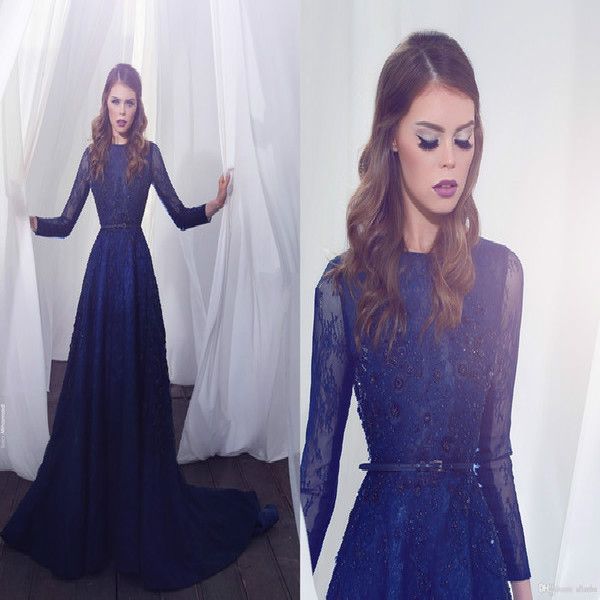 

zuhair murad navy blue prom dress lebanon lace pearls long sleeve evening dress with belt 2016 dubai arabic muslim designer prom gowns, Black