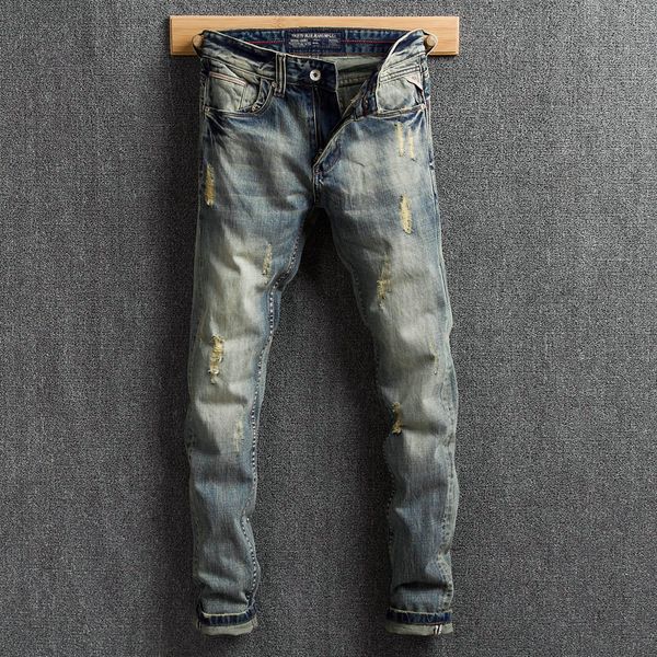 

italian vintage style men jeans retro washed slim fit ripped jeans denim distressed pants brand designer classical men, Blue