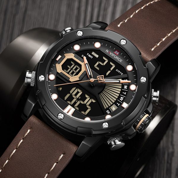 

naviforce brand men watches sports quartz wrist watches mens dual display luminous analog digital clock male relogio masculino, Slivery;brown