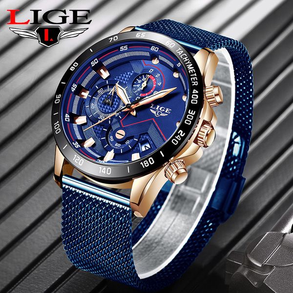

fashion style lige brand steel mesh belt sport men's watch luxury quartz luminous dial waterproof chronograph zegarek meski, Slivery;brown