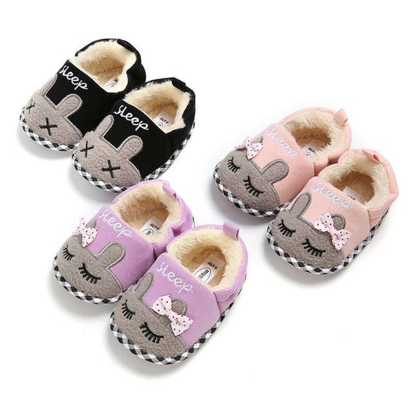 

newborn kid winter warm baby shoes baby girl soft sole crib shoes plush cute rabbit print bow shoes newborn 0-18, Black;grey