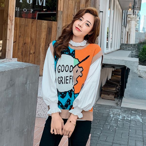 

women knitted sweaters cartoon printed vest sweater loose sleeveless casual sweater winter clothes women, White;black