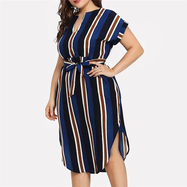 

bandage striped dresses summer casual plus size print short sleeve sashes v-neck colorful elegant ladies dress dames jurken #10, Black;gray