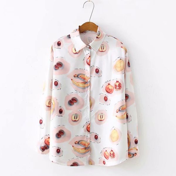 

sweet fashion women shirts 2019 fruit print women blouses long sleeve chiffon shirt summer turn down collar casual ladies, White
