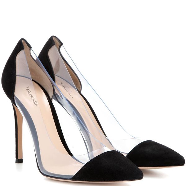 

faux suede black mixed clear transparent pvc women shoes woman pumps high heel pointed toe elegance summer shoes