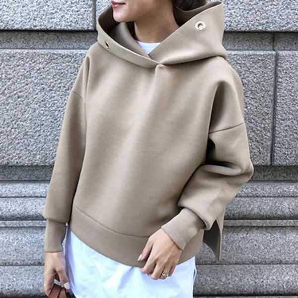 

women solid hoodie autumn spring 2020 office ladies elegant pullover hooded coat japanese korean causal outwear brown, Black