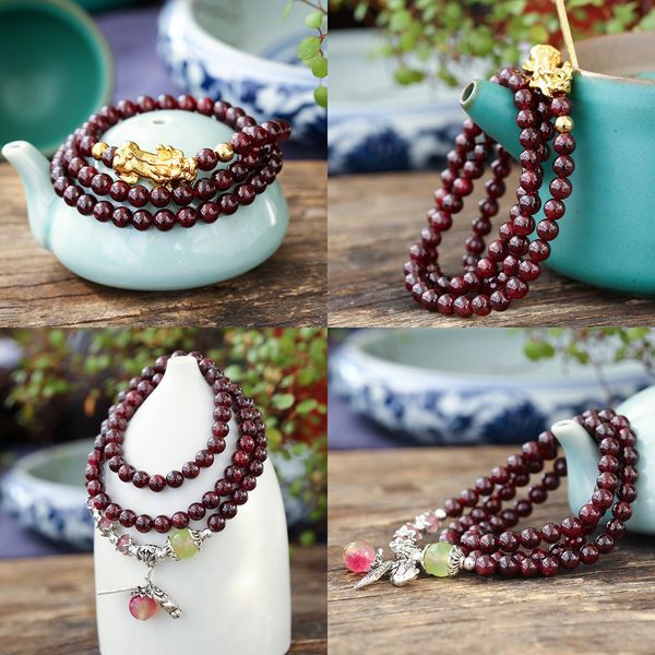 

натуральный алкоголь красный гранат браслет многоэтажный больше круг бусины кристалл ручной строки ювелирные изделия деревянный браслет буси, Black