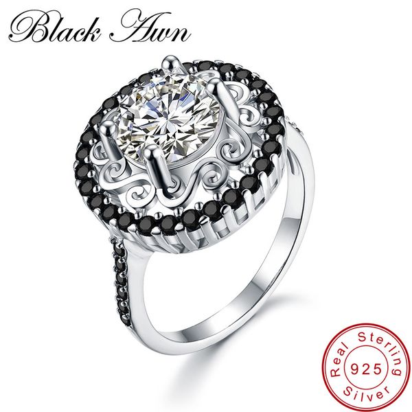 

black awn] 925 sterling silver fine jewelry trendy flower engagement rings for women black spinel wedding ring c046, Golden;silver