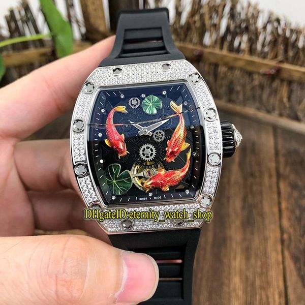 

r version rm 57-01 tourbillon 3d koi totem dial miyota automatic rm57-01 mens watch silvery diamond case rubber sport designer watches, Slivery;brown