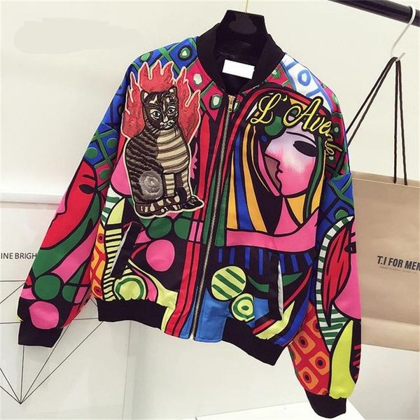 

new fashion embroidery bomber jacket women cat pilot jacket coat casual printing basic baseball jackets outwear jaqueta, Black;brown
